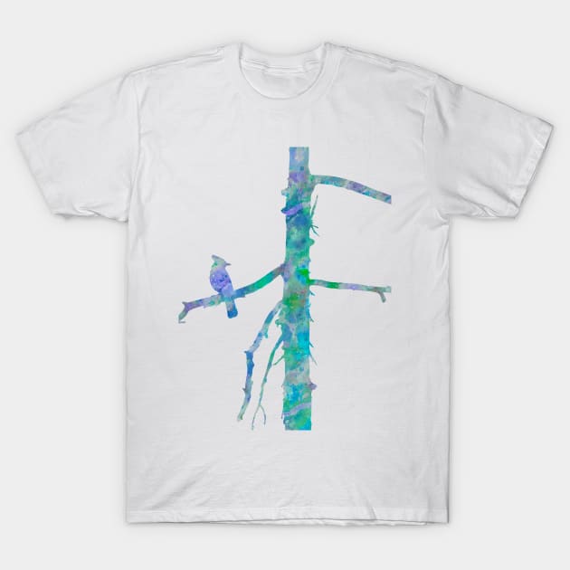 Bluejay On A Tree Watercolor Painting T-Shirt by Miao Miao Design